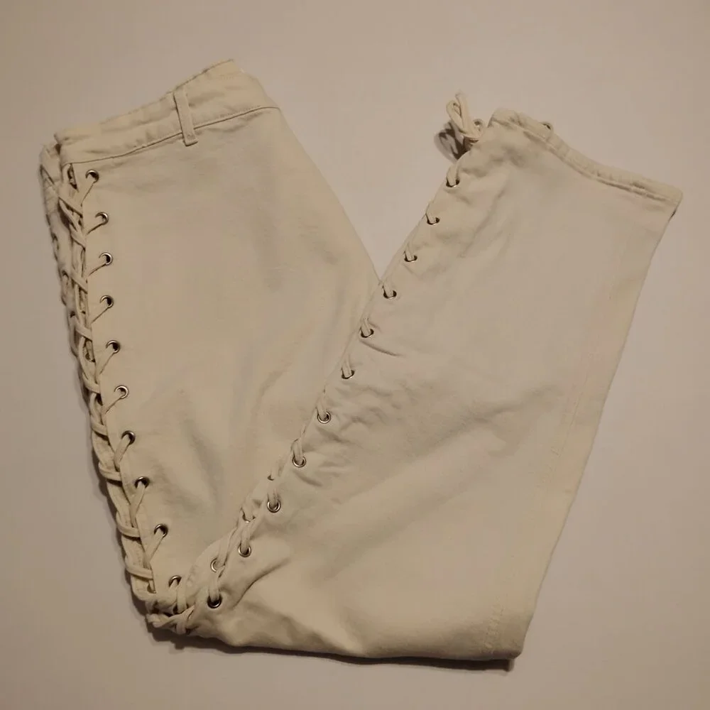 H&M Cream Lace Up Straight High Jeans - 16 - Picture 5 of 12